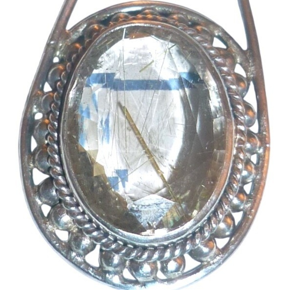 Vintage Sterling Silver Rutilated Quartz Teardrop Pendant Oval Gemstone Boho